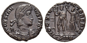 CONSTANTIUS II (337-361). Ae Centenionalis. Sirmium.

Obv: D N CONSTANTIVS P F AVG.
Peal-diademed, draped and cuirassed bust right; to left, H.
Rev: H...