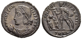 CONSTANTIUS II (337-361). Ae Centenionalis. Cyzicus. 

Obv: D N CONSTANTIVS P F AVG. 
Diademed, draped and cuirassed bust left, holding globe.
Rev: FE...