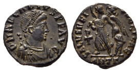 ARCADIUS (383-408). Ae Nummus. Antioch.

Obv: D N ARCADIVS P F AVG.
Pearl-diademed, draped and cuirassed bust right.
Rev: SALVS REI PVBLICAE.
 Victory...