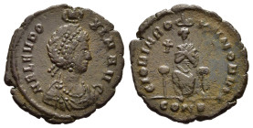 AELIA EUDOXIA (Augusta, 400-404). Ae Nummus. Constantinople.

Obv: AEL EVDOXIA AVG.
Pearl-diademed and draped bust right; manus Dei (hand of God) abov...