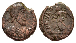 EUGENIUS (392-394). Ae Nummus. Aquileia.

Obv: D N EVGENIVS P F AVG. 
Diademed, draped and cuirassed bust right.
Rev: SPES ROMANORVM / AQP. 
Victory a...