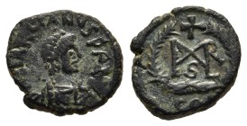 MARCIAN (450-457). Ae Nummus. Constantinople.

Obv: D N MARCIANVS P F AVG.
Diademed, draped and cuirassed bust right.
Rev: Marcian monogram; cross...