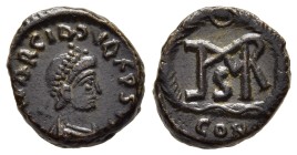 MARCIAN (450-457). Ae Nummus. Constantinople

Obv: D N MARCIA GVA F P SVN (=NVS P F AVG retrogade).
Pearl diademed, draped, and cuirassed bust righ...