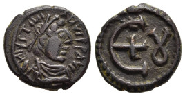 JUSTINIAN I (527-565). Ae Pentanummium. Theoupolis (Antioch).

Obv: D N IVSTIИIAИVS P P AV. 
Diademed, draped and cuirassed bust right.
Rev: Large Є w...