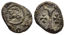 JUSTINIAN I (527- 565) Lead Decanummium, apparently struck in the aftermath of the earthquake that devastated Antioch in 528.

Enigmatic date: KΘ= (5)...