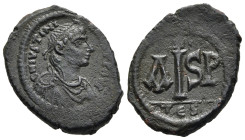 JUSTINIAN I (527-565). Ae 16 Nummi. Thessalonica.

Obv: Diademed, draped and cuirassed bust right.
Rev: Large I; flanked by A-SP, small patriarchal cr...