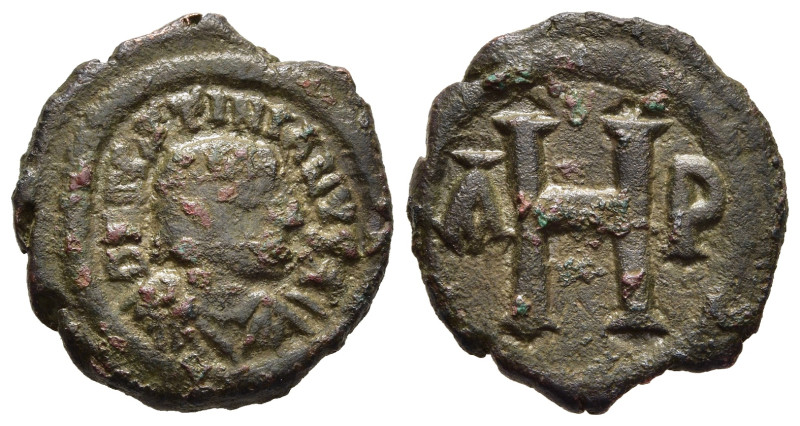 JUSTINIAN I (527-565). Ae 8 Nummi. Thessalonica. 

Obv: Diademed, draped, and cu...