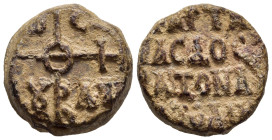 BYZANTINE EMPIRE. Artavasdos, strategos Anatolikon. Lead Seal (8th-9th century).

Obv: Cruciform Theotokos monogram.
Rev: +APTA/ [V]ACΔOY C/ TPATON A/...