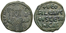 THEOPHILUS (829-842). Ae Follis. Constantinople.

Obv: Facing bust, holding labarum and globus cruciger, and wearing crown surmounted by tufa.
Rev: + ...