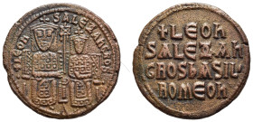 LEO VI with ALEXANDER (886-912). Ae Follis. Constantinople.

Obv: Crowned figures of Leo and Alexander seated facing on double throne, holding between...