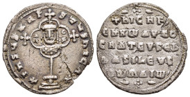 NICEPHORUS II PHOCAS (963-969). Miliaresion. Constantinople.

Obv: Cross crosslet set upon globus above two steps; in central medallion, crowned facin...