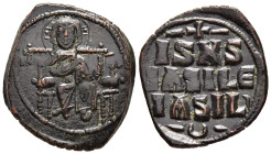ANONYMOUS FOLLES. Class D. Time of Constantine IX (Circa 1042-1055).

Obv: Christ Pantokrator seated facing on throne.
Rev: IS XS / ЬASILЄ / ЬASIL. 
L...