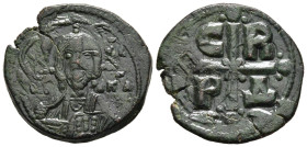 ROMANUS IV DIOGENES (1068-1071). Ae Follis. Constantinople.

Obv: Facing bust of Christ Pantokrator.
Rev: C - R / P - Δ. 
Cross, with saltire cross at...