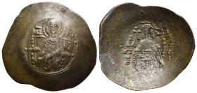 ISAAC II ANGELUS (First reign, 1185-1195). Trachy. Constantinople.

Obv: The Virgin Mary seated facing on throne, holding bust of Holy Infant on breas...