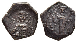 ALEXIUS III ANGELUS-COMNENUS (1195-1203). Ae Half Tetarteron. Thessalonica.

Obv: Half-length facing bust of St. George in military attire, holding sp...