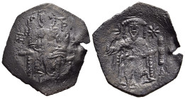 EMPIRE OF NICAEA. John III Ducas (1222-1254). Aspron Trachy. Thessalonica.

Obv: St. Demetrius enthroned facing, holding sword and sheath.
Rev: John s...