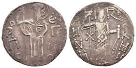 EMPIRE OF TREBIZOND. Manuel I Comnenus (1238-1263). Asper. 

Obv: Saint Eugenius standing facing, holding long cross; one pellet to outer right.
Rev: ...