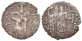 EMPIRE OF TREBIZOND. Manuel I Comnenus (1238-1263). Asper. 

Obv: Saint Eugenius standing facing, holding long cross; one pellet to inner left and one...