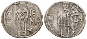 EMPIRE OF TREBIZOND. John II (1280-1297). Asper.

Obv: St. Eugenius standing facing, holding long cross; star to right.
Rev: John standing facing, hol...