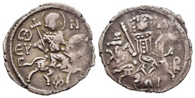 EMPIRE OF TREBIZOND. Alexius II (1297-1330). Asper. 

Obv: Saint Eugenius, holding cruciform scepter, on horseback right; knot below. 
Rev: Alexius, h...