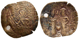 EMPIRE OF TREBIZOND. Uncertain, ca. 13th- 14th century AD. AE Trachy.

Obv: Half- lenght bust of St. Eugenius facing, presenting cross.
Rev: Emperor s...
