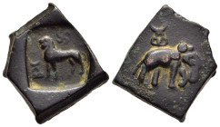 INDIA. Post-Mauryan. Taxila. Circa 185-168 BC. Ae Karshapana. 

Obv: Elephant right; three-arched hill surmounted by crescent above. 
Rev: Lion standi...