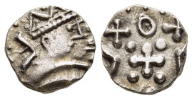 ANGLO-SAXON. Continental AR Sceatta. Series D, standard type 2c. Circa AD 695-740. 

Obv: Radiate head to right.
Rev: Cross pommée; pellets in angles,...