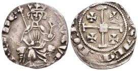 CRUSADERS. Cyprus. Hugh IV (1324-1359). Gros. 

Obv: hVGVE REI DE+.
King seated facing on curulus chair, holding lis tipped sceptre and globus crucige...