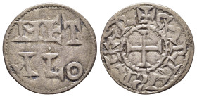 FRANCE. Poitou. Anonymous immobilized Denier (11th-12th century). In the name of Charles the Simple. Melle

Obv: +CARLVS REX P.
Cross pattee.
Rev: MET...
