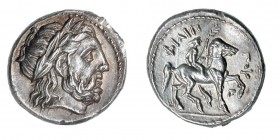MACEDONIA. Filipo II. Anfípolis. Tetradracma (359-36 a.C.). A/ Cabeza de Zeus laureada a der. R/ El monarca cabalgando a der. con rama, debajo aplustr...