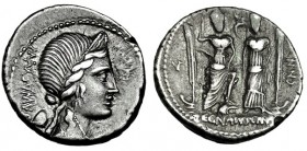 EGNATIA. Denario. Roma (75 a.C.). A/ Busto diademado de la Libertad a der.; MAXSVMVS. R/ Roma y Venus de frente; C. EGNATVS C.N.F/CN.N., en el campo l...