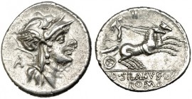 JUNIA. Denario. Roma (91 a.C.). A/ Letra: A. FFC-789. SB-15. Contramarca en el anv. MBC+.