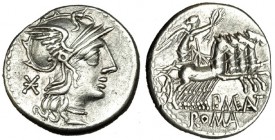 MAENIA. Denario (132 a.C.). R/ La Victoria con corona en cuádriga a der., debajo: P. MAE. ANT, entrelazadas; en el exergo: ROMA. FFC-831. SB-7. EBC-.