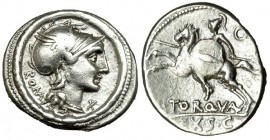 MANLIA. Denario (113-112 a.C.). A/ Cabeza de Roma a der. entre ROMA y X. R/ Jinete con lanza y escudo a izq., encima Q, debajo: TORQVA, en el exergo: ...