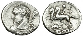 QUINCTIA. Denario (112-111 a.C.). A/ Busto laureado de Hércules con piel de león y maza a izq. R/ Jinete conduciendo un segundo caballo a izq., debajo...