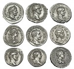 12 denarios; Domiciano (2), Trajano, Julia Domna (3), Caracalla (4), Julia Mamea y Alejandro Severo. MBC/MBC+.