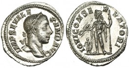 ALEJANDRO SEVERO. Denario. Roma (228-231). R/ Júpiter sosteniendo haz de rayos sobre el Emperador y cetro. RIC-200. SC.