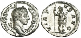 ALEJANDRO SEVERO. Denario. Roma (228-231). R/ La Virtud sosteniendo cetro y parazonio con pie sobre casco. RIC-222. SC.