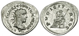 HOSTILIANO. Antoniniano. Antioquía (251). R/ La Castidad sentada a izq. con cetro. RIC-196. EBC-. Rara.