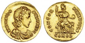 TEODOSIO I. Sólido (383-388). Constantinopla, Q. A/ DN. THEODO/SIUS P.F. AVG. R/ Constantinopla con casco sentada sobre trono con cetro y globo, pie d...