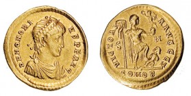 HONORIO. Sólido (393-395). Sirmium, Z. R/ El Emperador a der. con lábaro, globo nicéforo y sometiendo a un cautivo; VICTORIA AVGGG. RIC-14d. EBC-.