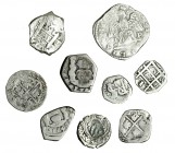 9 monedas de plata. Felipe II: real y 1/2 real (2); Felipe III: 4 taris, Messina; Felipe IV: real (2), uno falso de época, Potosí; Carlos II: diecioch...