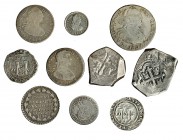10 monedas de plata de 8 reales a 1/2 real. Juana y Carlos a Fernando VII. Todas acuñadas en México. Real (2), Juana y Carlos, M-G y O-M; 8 y 4 reales...