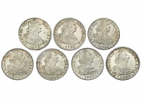 7 monedas de 8 reales. México. 1772, FM invertidas, 1777, 1779, 1792, 1793, 1795 y 1804. MBC/MBC+.