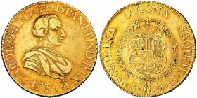 8 escudos. 1761. México. MM. Toisón junto a la fecha. VI-1632. Finas rayitas en el rev. R.B.O. MBC/MBC+. Muy rara.