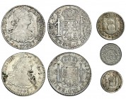 5 monedas: 8 reales (2), 1795 y 1798; 1/2 real (2), 1758 y 1764; real, 1752. Todos acuñadas en México. De BC+ a MBC.