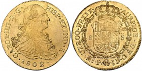 8 escudos. 1802. Popayán. JF. VI-1382. Rozaduras en la gráfila del rev. B.O. EBC+/EBC.