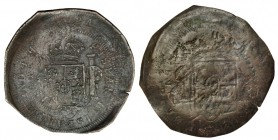 Prueba de cuños del reverso de 8 reales de México, TH, sobre un disco de cobre de 51 mm. Varias acuñaciones. MBC.