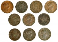 10 monedas: 1/10 de real, 1853 (4); 10 céntimos de real, 1857 (4) y 1858 (2). MBC/MBC+.