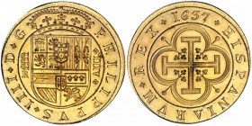 Escuela de Grabadores. 8 escudos. 1637. Segovia. BR. AE dorado 36mm. 26,8 g. EBC+.
